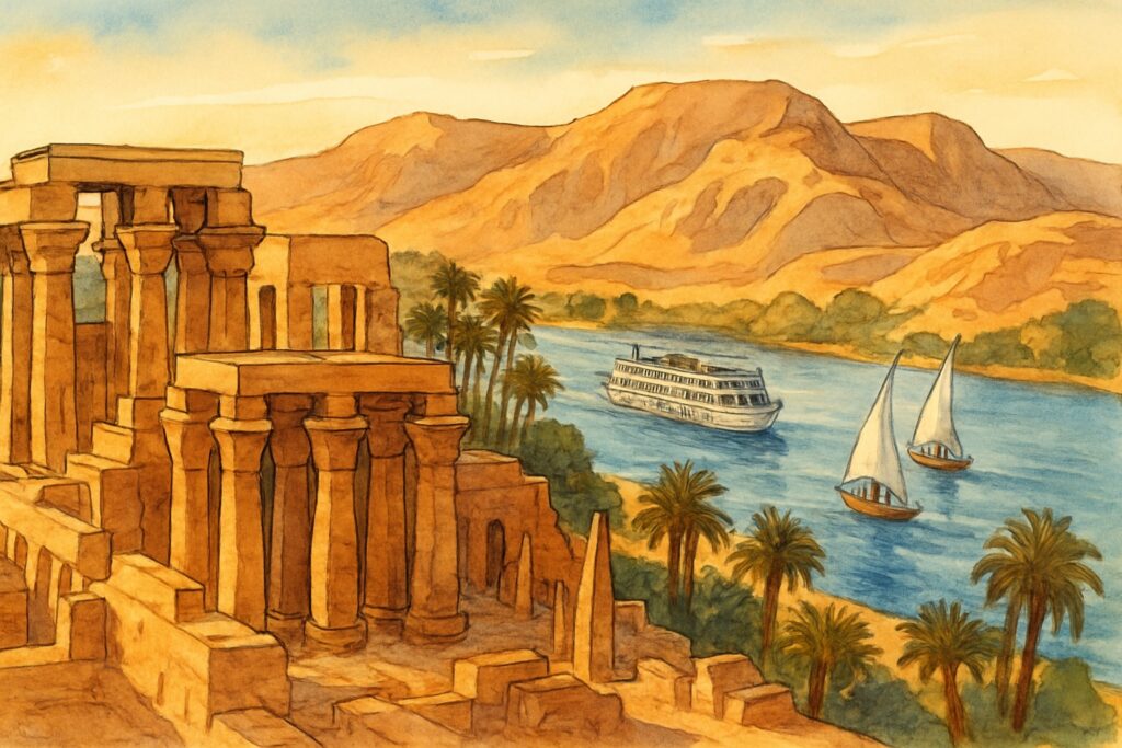 Illustration von Oberägypten am Nil mit dem Karnak-Tempel, dem Tal der Könige, einem Nilkreuzfahrtschiff und Feluken