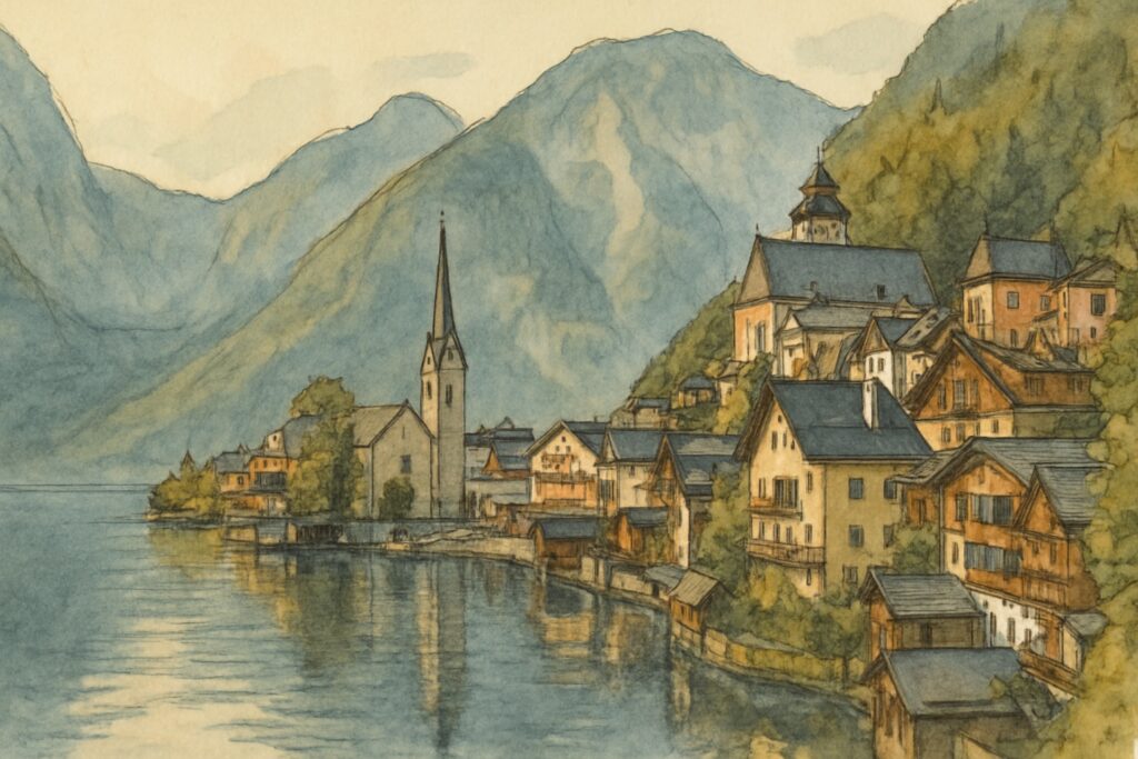 Illustration des Dorfes Hallstatt am See im Salzkammergut mit Kirchturm vor steilen Bergen, Oberösterreich