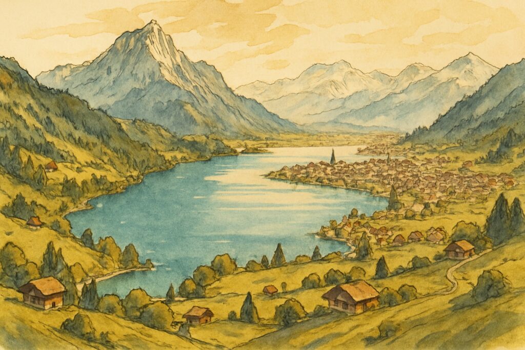 Illustration des türkisen Lungerersees und des Sarnersees im Kanton Obwalden mit dem Pilatus