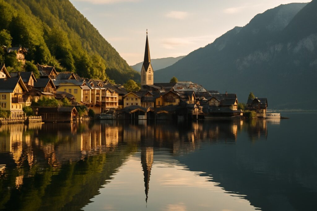 Das Bergdorf Hallstatt am See in den Alpen – Österreich