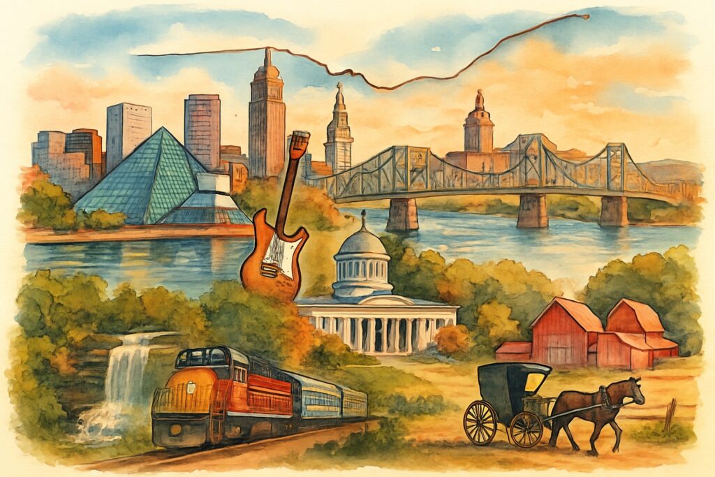 Illustration des US-Bundesstaats Ohio mit der Skyline von Cleveland am Eriesee mit der gläsernen Pyramide der Rock and Roll Hall of Fame und einer E-Gitarre, dem Flussufer von Cincinnati mit Brücken über den Ohio River, dem gekuppelten Kapitol in Columbus, einem historischen Ausflugszug im bewaldeten Cuyahoga Valley an einem Wasserfall und einer Amish-Kutsche an roten Scheunen, USA