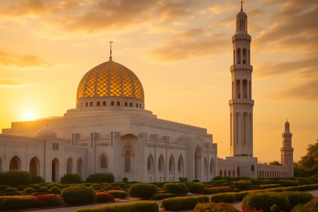 Die Sultan-Qabus-Moschee in Maskat, Oman, ihre weiße Marmorkuppel und das hohe Minarett leuchten im warmen Licht, Palmen im Innenhof