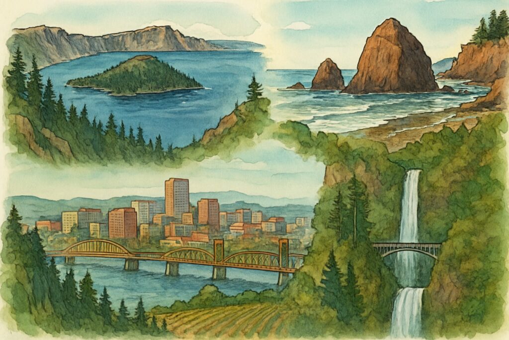 Illustration des US-Bundesstaats Oregon im pazifischen Nordwesten mit dem tiefblauen, kreisrunden Crater Lake in einer Vulkan-Caldera, dem Felsen Haystack Rock am Cannon Beach an der wilden Pazifikküste, der Stadt Portland mit Brücken über einen Fluss, den hohen Multnomah Falls in der Columbia River Gorge, dem schneebedeckten Vulkan Mount Hood, immergrünen Wäldern und Weinbergen, USA