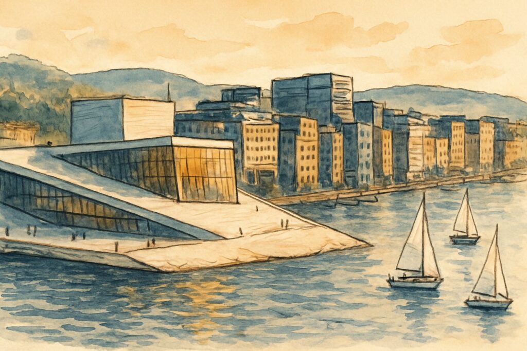 Illustration von Oslo mit dem Opernhaus am Wasser, dem Rathaus, der Festung Akershus und den bewaldeten Hügeln über dem Oslofjord