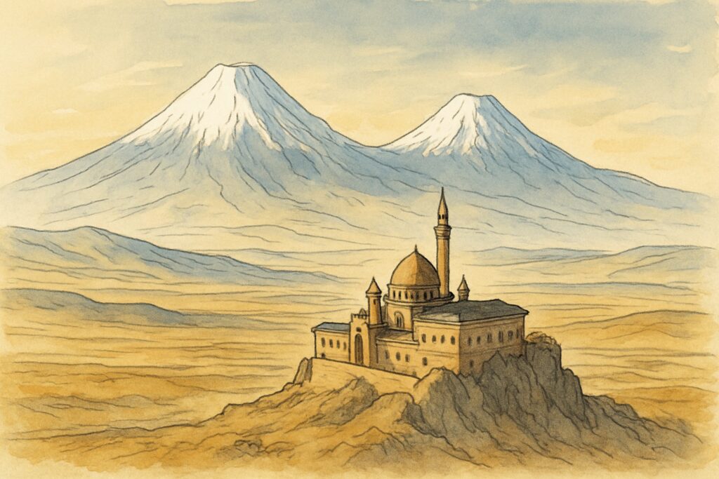 Illustration des schneebedeckten Ararat über der Hochsteppe mit dem İshak-Pascha-Palast