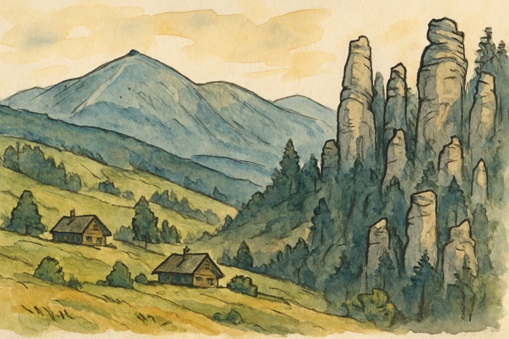Illustration des Riesengebirges mit der Sněžka, verschneiten Kämmen und der Bergstadt Špindlerův Mlýn sowie den Felsentürmen von Adršpach