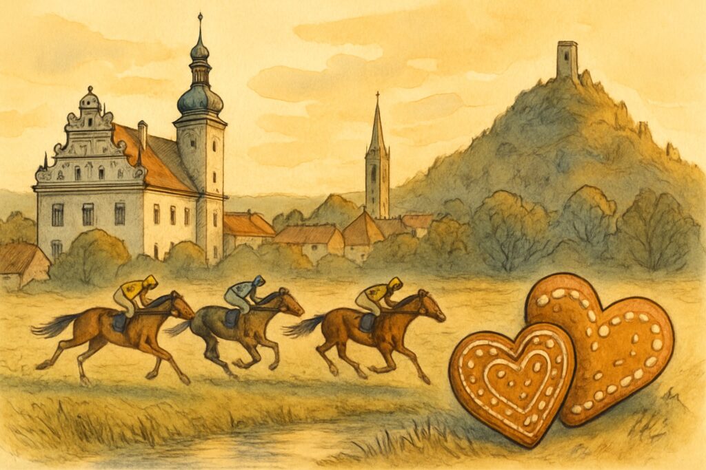Illustration des Renaissanceschlosses von Pardubice mit dem Grünen Tor und der Burg Kunětická hora