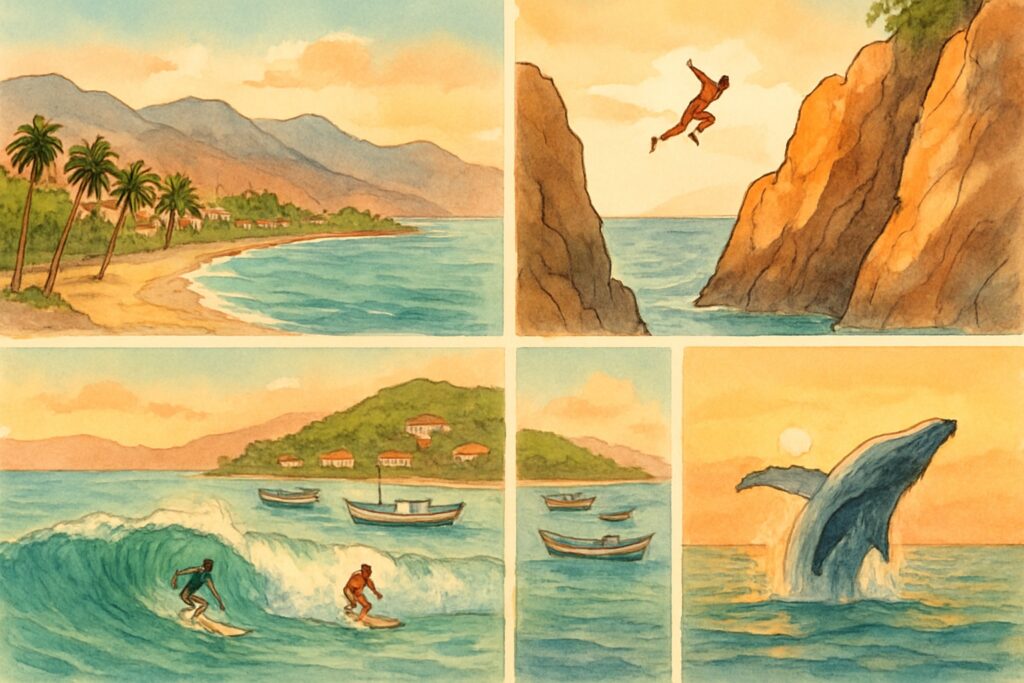 Illustration der mexikanischen Pazifikküste mit der Bucht von Puerto Vallarta, Palmenstränden und Surfern, den Klippenspringern von Acapulco, dem Fischerort Zihuatanejo und einem springenden Buckelwal vor der Küste, Mexiko