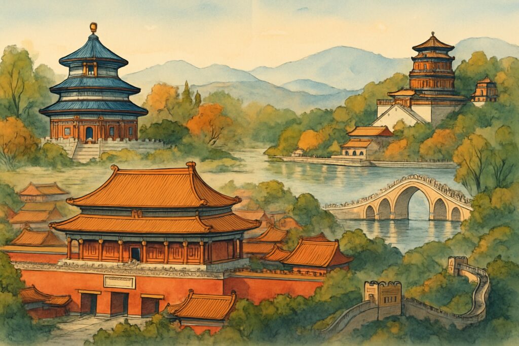 Illustration von Peking und Nordchina mit der Verbotenen Stadt und ihren goldenen Dächern, dem runden blauen Himmelstempel, dem Sommerpalast am Kunming-See und der Großen Mauer, die sich über bewaldete Berge zieht, China