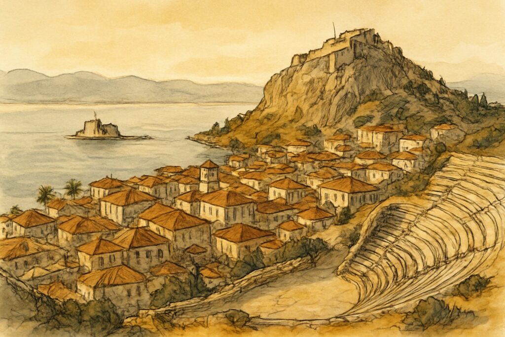 Illustration des Peloponnes mit der venezianischen Festung Palamidi über Nafplio, dem Löwentor von Mykene und dem antiken Theater von Epidauros