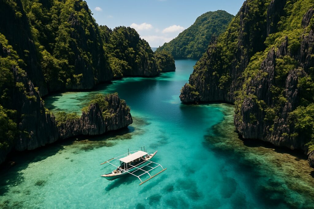 Luftaufnahme der türkisen Lagunen und steilen Kalksteinfelsen von El Nido auf Palawan, Philippinen, mit einem traditionellen Bangka-Auslegerboot