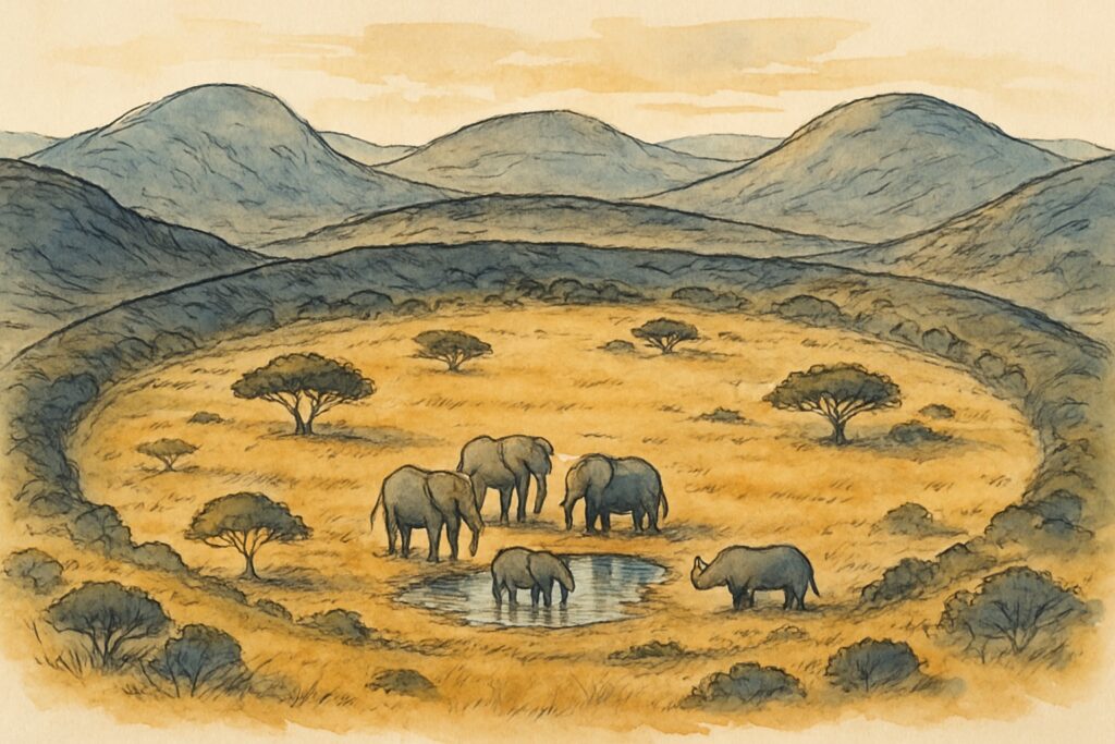 Illustration des Pilanesberg-Vulkankraters mit Big-Five-Wildtieren an einem Wasserloch, Nordwest-Provinz