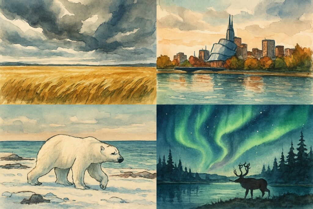 Illustration der kanadischen Prärie und des Nordens mit goldenen Weizenfeldern, Winnipeg, einem Eisbären bei Churchill an der Hudson Bay und den grünen Nordlichtern über einem borealen Wald mit Karibu, Kanada