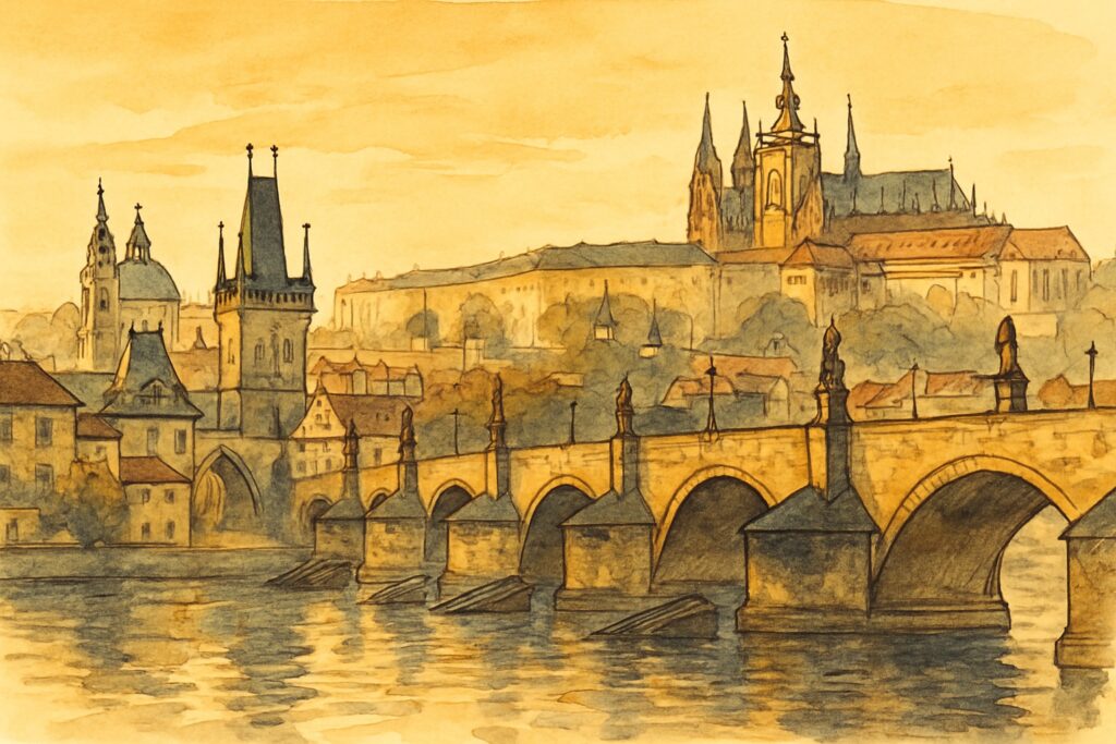Illustration von Prag mit der Karlsbrücke über der Moldau, der Prager Burg mit dem Veitsdom und den roten Dächern der Altstadt