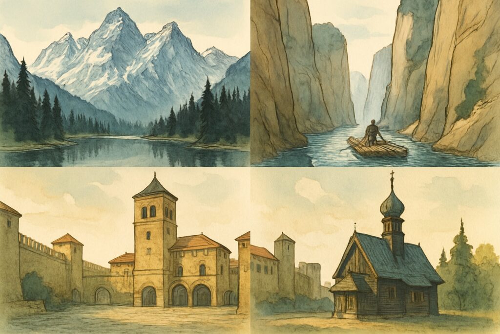 Illustration der schneebedeckten Hohen Tatra über dunklen Bergwäldern und einem Bergsee, einer Floßfahrt durch die Dunajec-Schlucht, der mittelalterlichen Stadt Bardejov und einer hölzernen Kirche mit Zwiebeltürmen