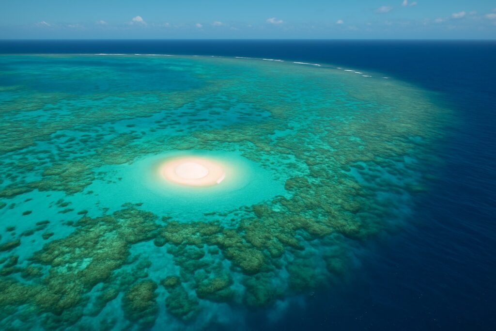Luftaufnahme des Great Barrier Reef vor Queensland mit türkisem Korallenriff und weißer Sandinsel im Korallenmeer
