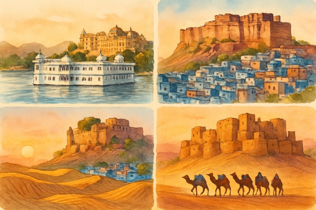 Illustration von Rajasthan mit dem weißen Seepalast von Udaipur auf dem Pichola-See, den blauen Häusern von Jodhpur unter dem Mehrangarh-Fort und dem goldenen Wüstenfort von Jaisalmer mit Kamelen auf Dünen, Indien