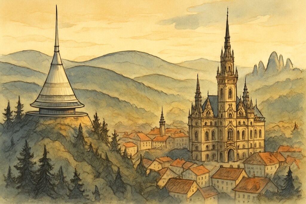 Illustration des Ještěd-Turms über Liberec mit dem Isergebirge und den Felsen des Böhmischen Paradieses
