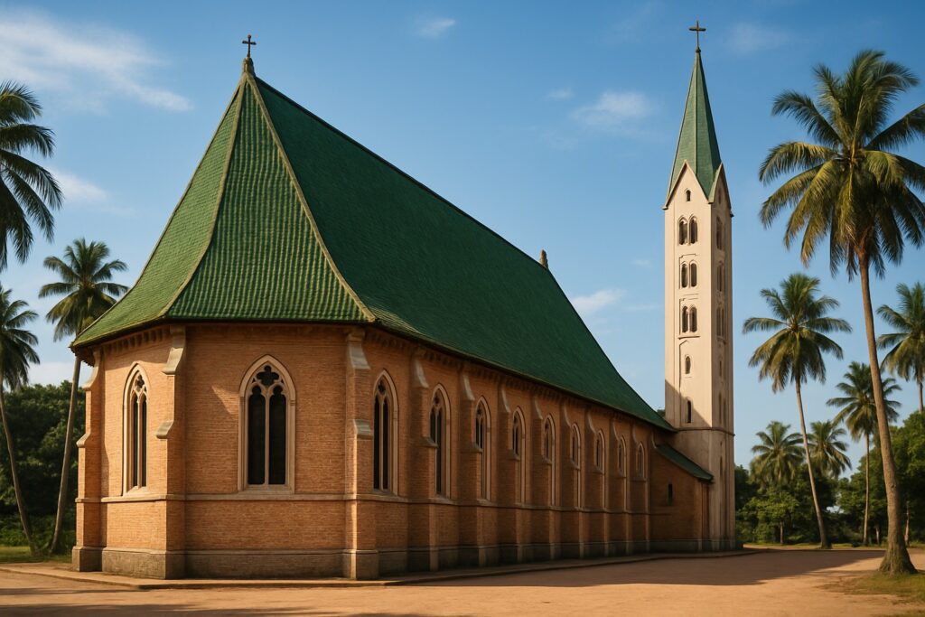 Die Basilika Sainte-Anne du Congo in Brazzaville in der Republik Kongo, ihr steiles grün gekacheltes Dach und der schlanke Turm vor blauem tropischem Himmel und Palmen