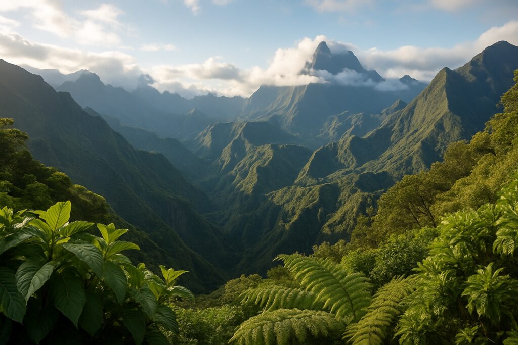 La Réunion mit dem grünen Bergkessel Cirque de Mafate und zerklüfteten Vulkangraten