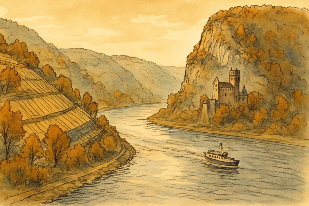 Illustration der Rheinschleife an der Loreley mit Weinbergen und Burg, Rheinland-Pfalz