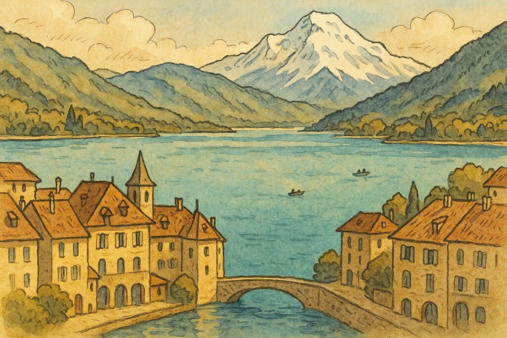 Handgezeichnete Illustration des Lac dAnnecy in den Französischen Alpen mit Mont Blanc