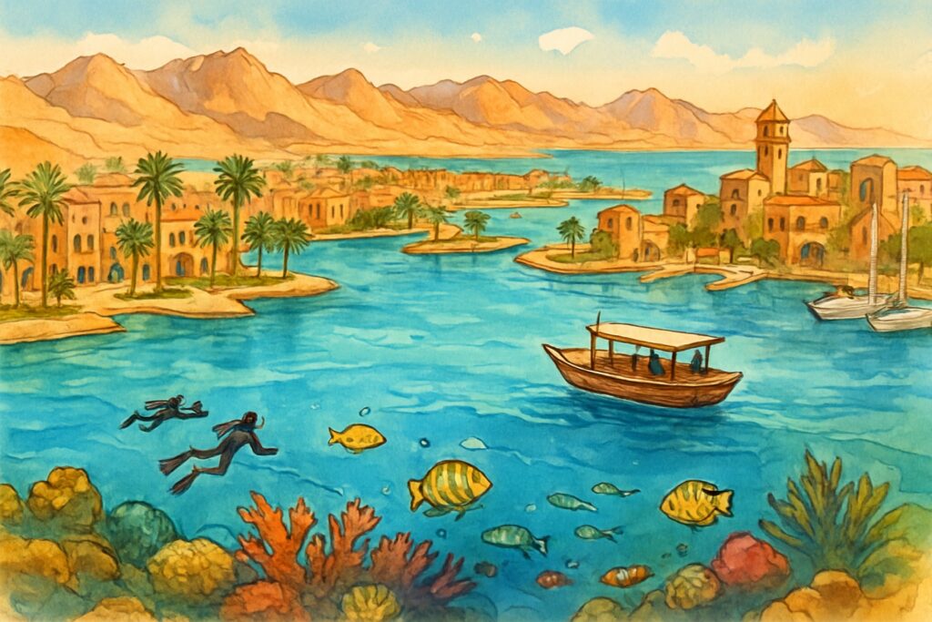 Illustration der ägyptischen Rote-Meer-Küste mit türkisem Wasser, Resortlagune, Palmen und bunten Korallenriffen unter der Oberfläche