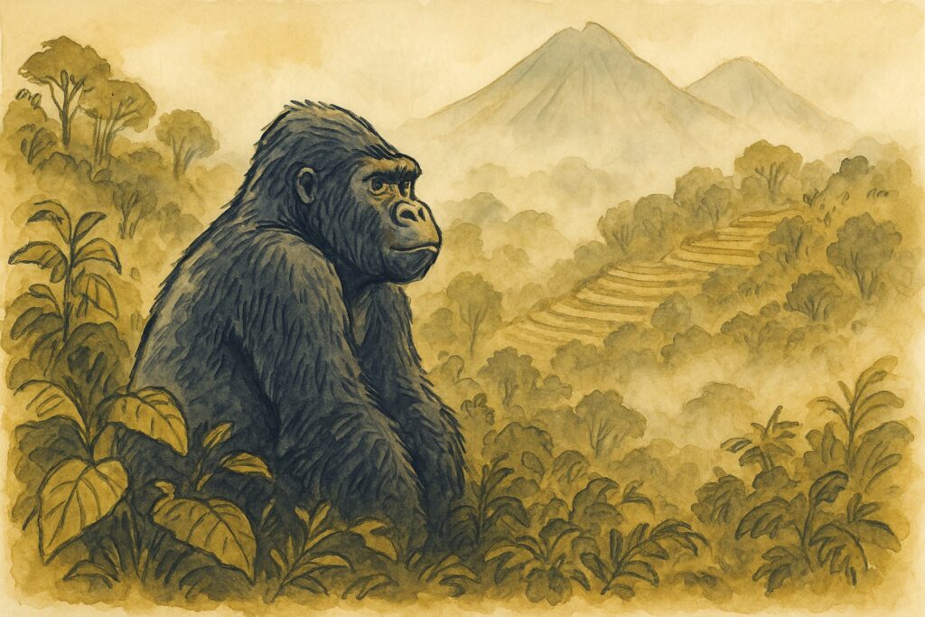 Handgezeichnete Illustration eines Berggorillas im Regenwald des Volcanoes-Nationalparks in Ruanda