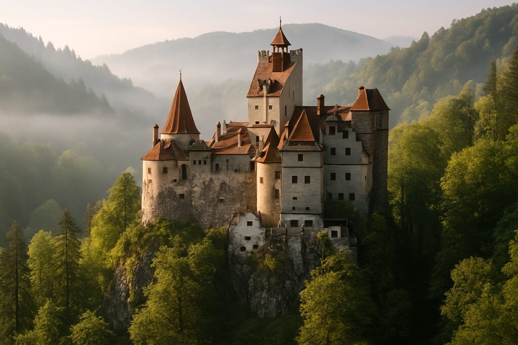 Die mittelalterliche Törzburg (Draculas Schloss) auf einem Felsen inmitten der bewaldeten Karpaten in Transsilvanien, Rumänien, im Morgennebel