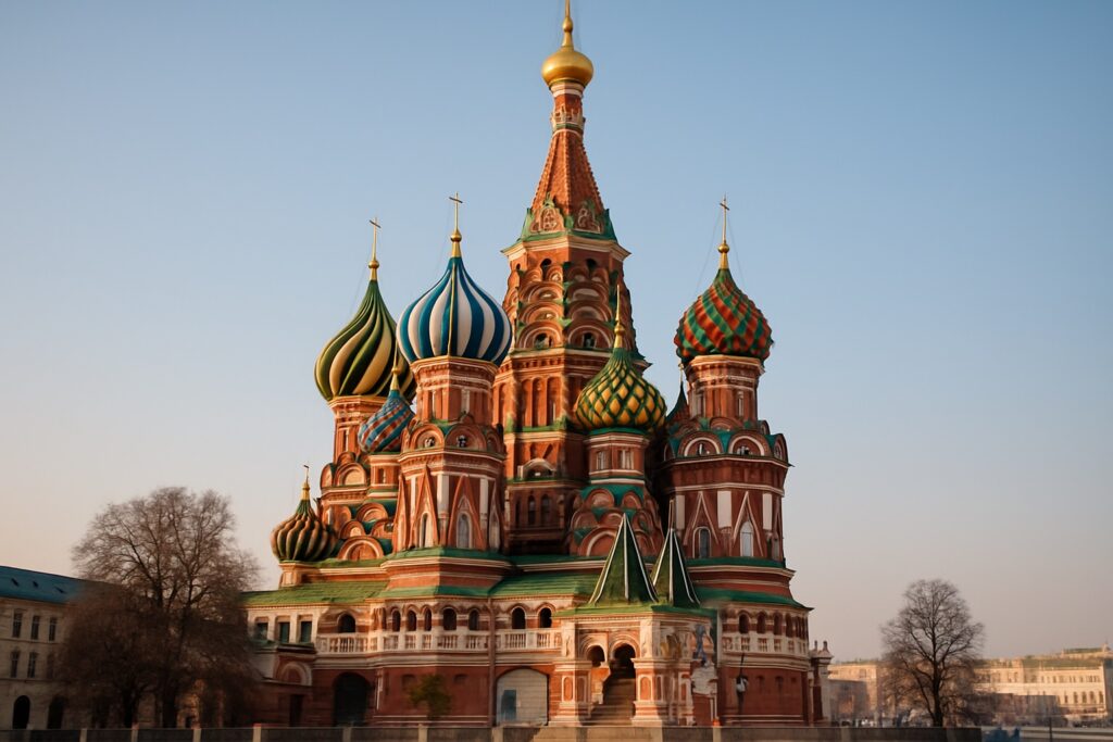 Die Basilius-Kathedrale am Roten Platz in Moskau, ihre bunten geschwungenen Zwiebeltürme vor klarem Himmel, würdevoll und markant