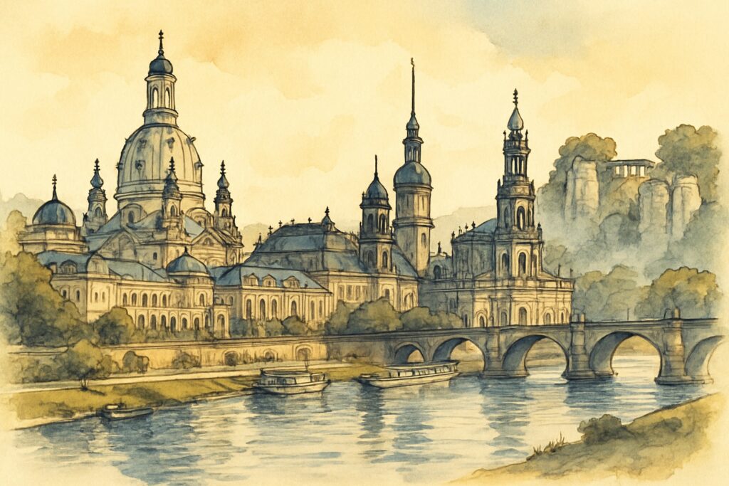 Illustration der Altstadt von Dresden an der Elbe mit Frauenkirche, Sachsen