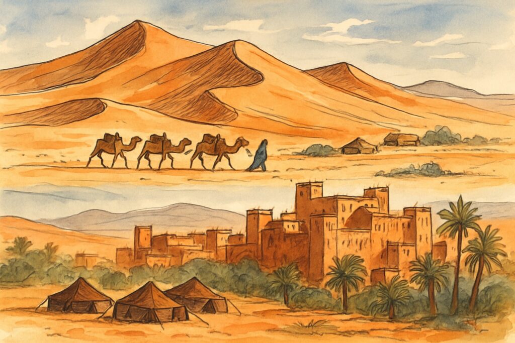 Illustration der marokkanischen Sahara mit den Dünen des Erg Chebbi bei Merzouga, einer Kamelkarawane und der Kasbah Ait-Ben-Haddou