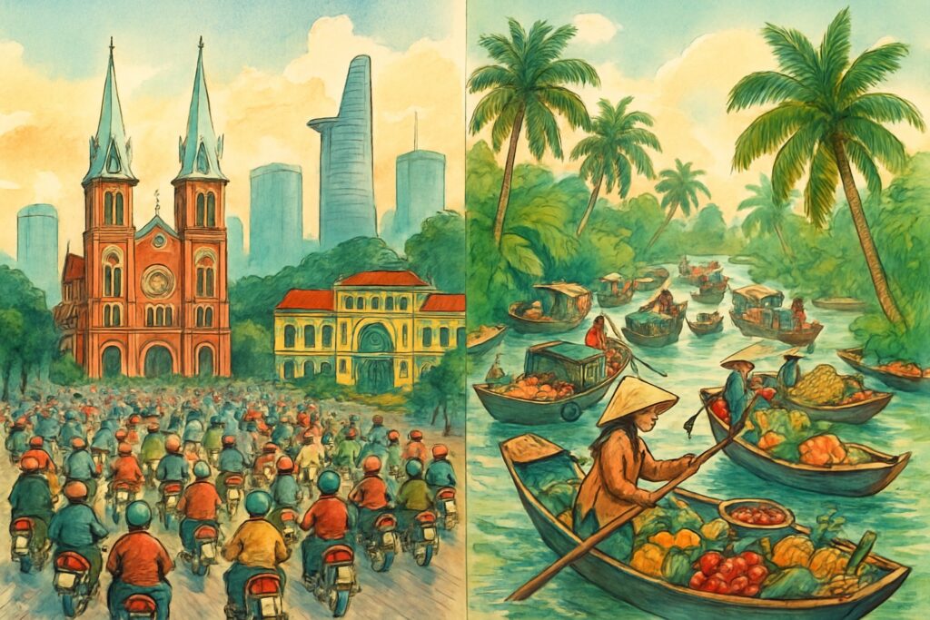 Illustration von Südvietnam mit der Millionenstadt Ho-Chi-Minh-Stadt (Saigon), der roten Notre-Dame-Kathedrale, dem kolonialen Hauptpostamt und Wolkenkratzern hinter einem Strom aus Motorrollern, sowie dem Mekong-Delta mit einem schwimmenden Markt beladener Sampans zwischen Kokospalmen, Vietnam