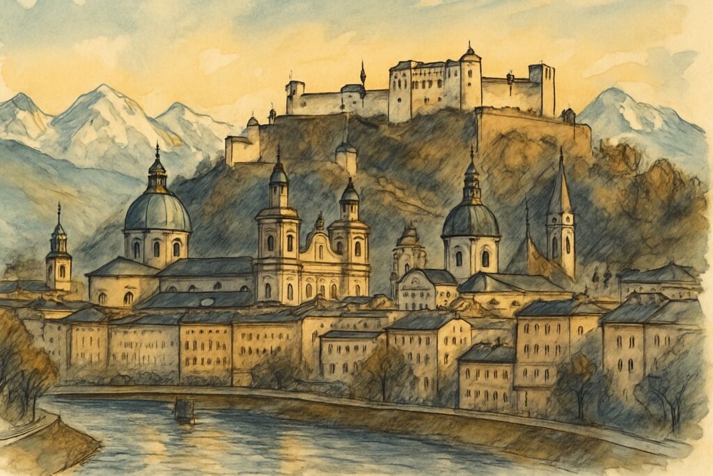 Illustration der Altstadt von Salzburg mit der Festung Hohensalzburg über der Salzach und Alpengipfeln