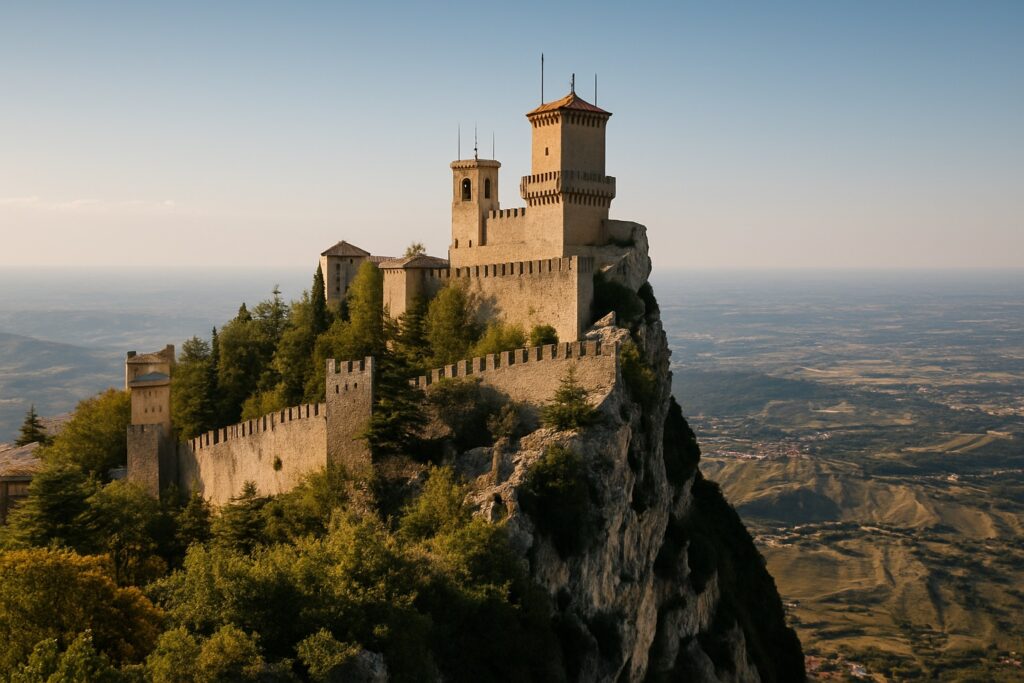 Die drei mittelalterlichen Türme von San Marino auf dem Felsgrat des Monte Titano, alte Festungsmauern auf einem Bergkamm hoch über der Ebene