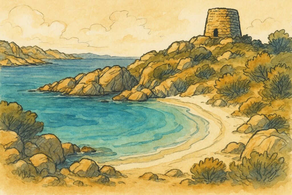Handgezeichnete Illustration der türkisen Buchten der Costa Smeralda mit einem Nuraghen-Turm