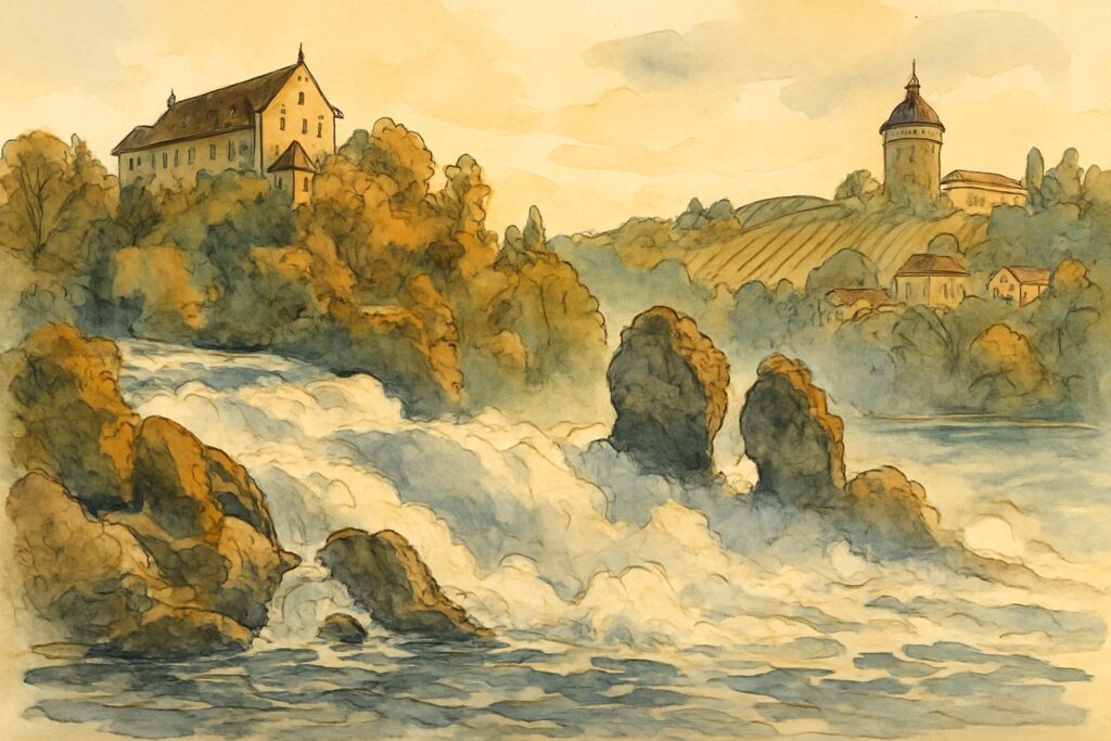 Illustration des Rheinfalls bei Schaffhausen mit Schloss Laufen und der Munot-Festung