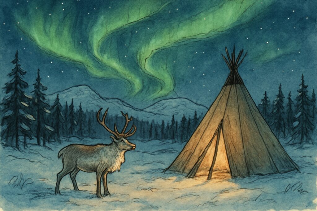 Illustration von Schwedisch-Lappland mit grünem Nordlicht über verschneiten Bergen und Kiefernwald, einem Sami-Zelt und einem Rentier im tiefblauen Winter