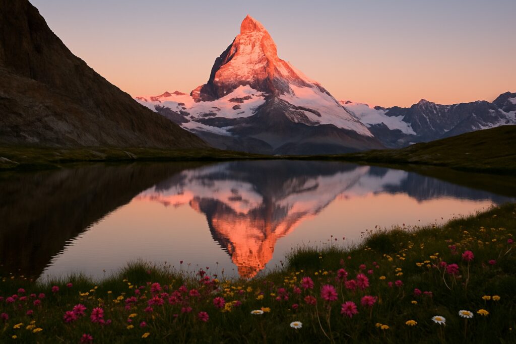 Das Matterhorn spiegelt sich in einem Bergsee – Schweiz