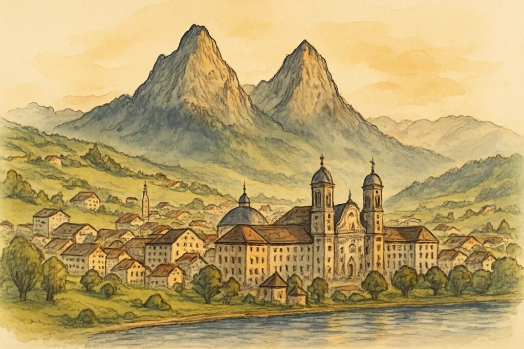 Illustration der Mythen-Gipfel über Schwyz und des Klosters Einsiedeln