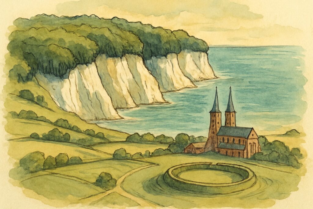 Illustration der weißen Kreidefelsen von Møns Klint über der Ostsee mit Buchenwald, dem Dom von Roskilde und einer Wikinger-Ringburg