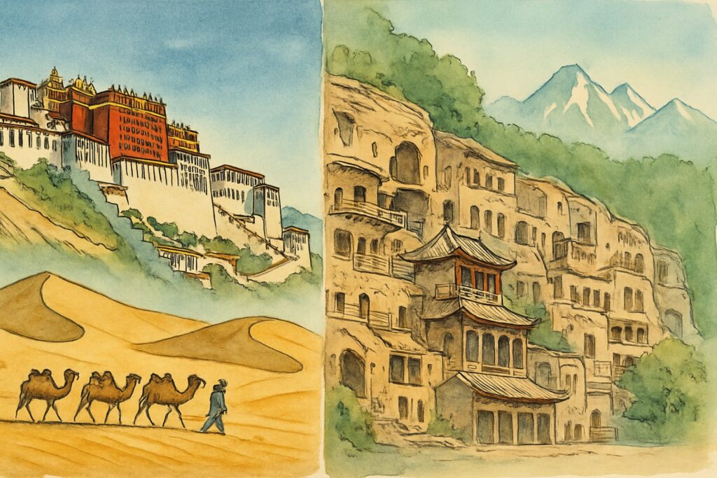 Illustration des Westens Chinas mit dem Potala-Palast von Lhasa in Tibet, einer Kamelkarawane über die Sanddünen bei Dunhuang, den Mogao-Grotten an der Seidenstraße und den Wüstenlandschaften von Xinjiang, China