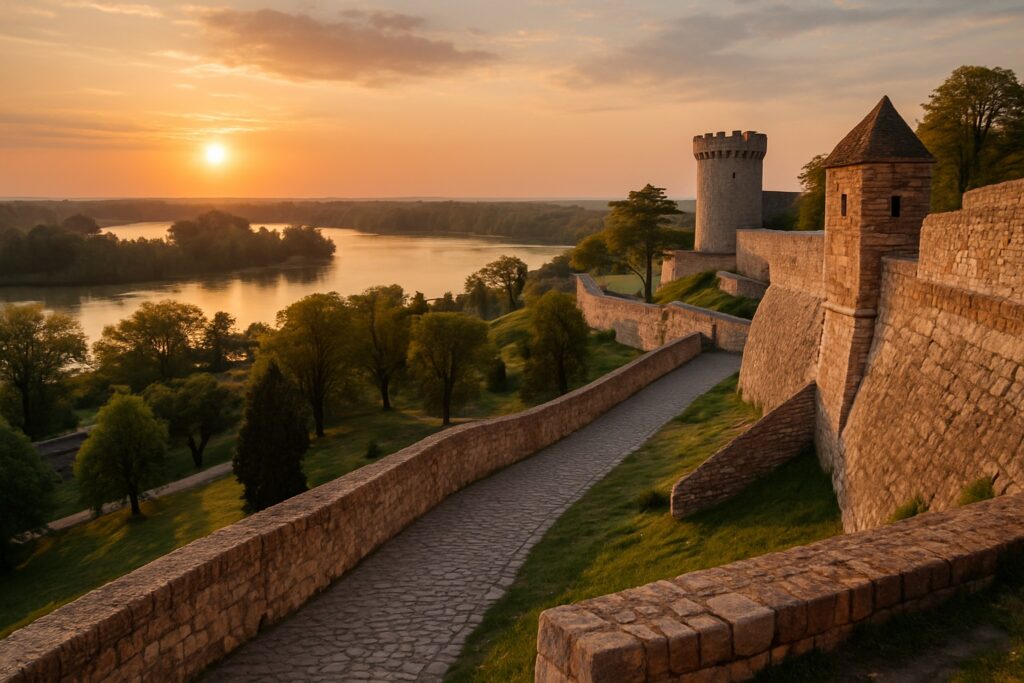 Die Belgrader Festung Kalemegdan über dem Zusammenfluss von Save und Donau in Serbien bei Sonnenuntergang, alte Steinmauern über den Flüssen
