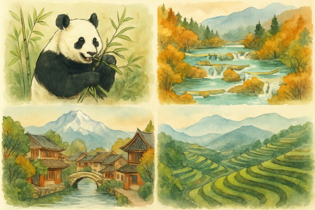 Illustration von Sichuan und Yunnan im Südwesten Chinas mit einem großen Panda im Bambus bei Chengdu, den türkisen Terrassenseen von Jiuzhaigou, der Altstadt von Lijiang mit Kanälen und Schneeberg sowie den Reisterrassen von Yunnan, China