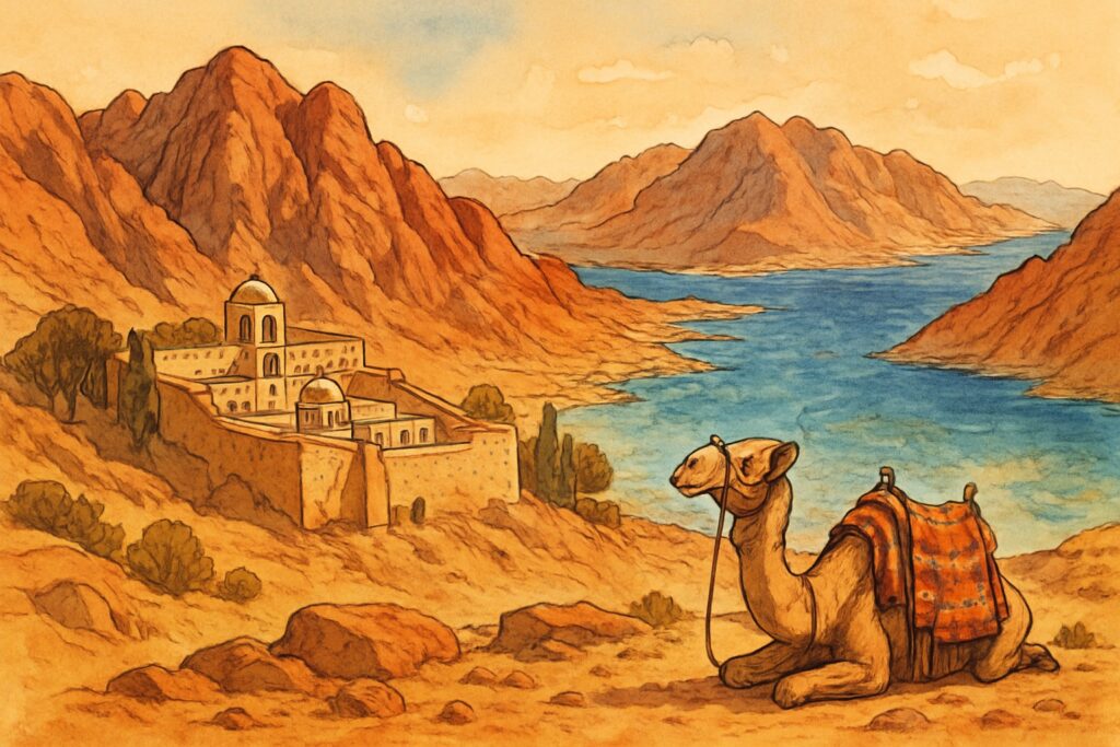 Illustration der Sinai-Halbinsel mit roten Granitbergen am türkisen Roten Meer, Sharm el-Sheikh und Dahab sowie dem Katharinenkloster am Mosesberg