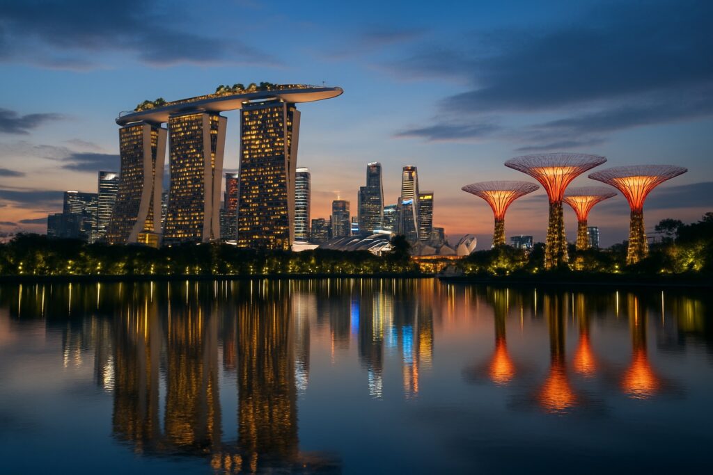 Die Skyline der Marina Bay in Singapur zur blauen Stunde mit dem Marina Bay Sands und den leuchtenden Supertrees der Gardens by the Bay