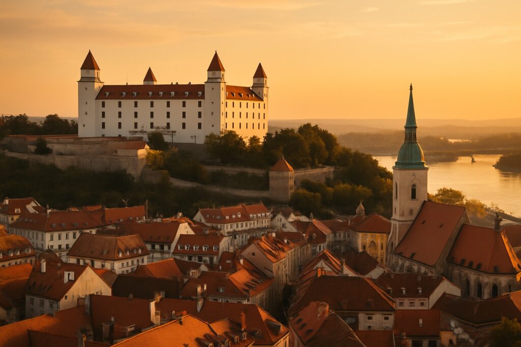 Die Burg von Bratislava auf dem Hügel über der Altstadt und der Donau in der Slowakei bei Sonnenuntergang, die weiße Burg mit ihren vier Türmen