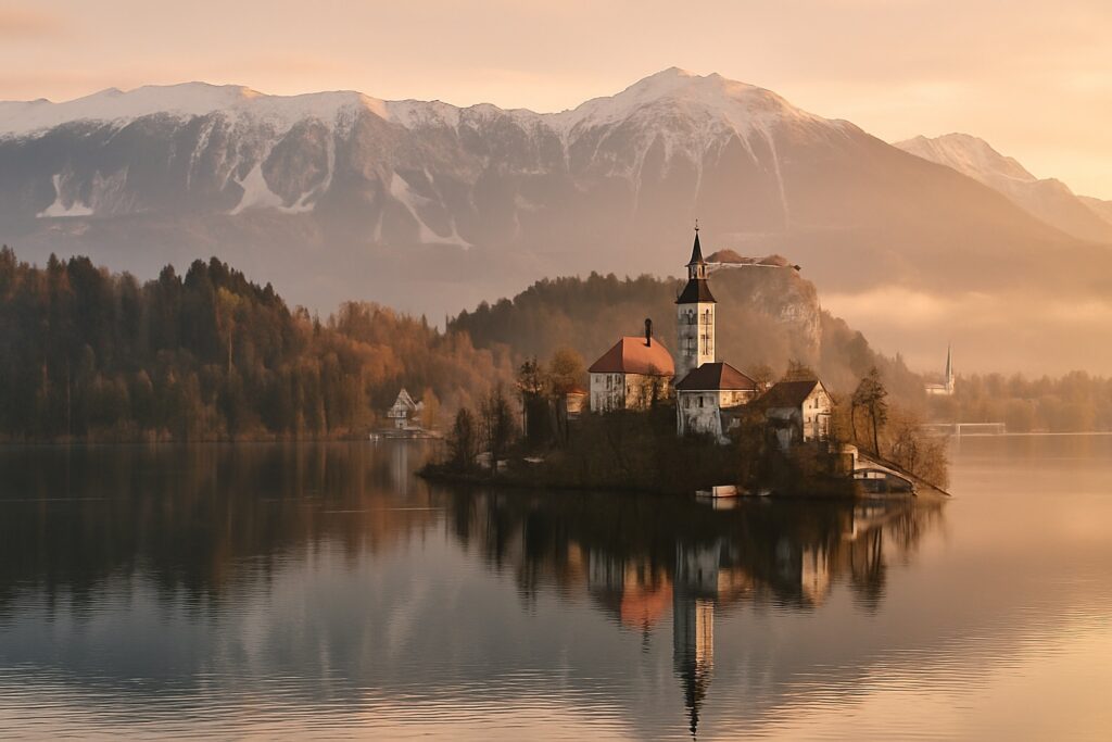 Der Bleder See in Slowenien bei Sonnenaufgang, die kleine Insel mit ihrer Kirche mitten im smaragdgrünen See, die Burg auf dem Felsen und die Julischen Alpen dahinter