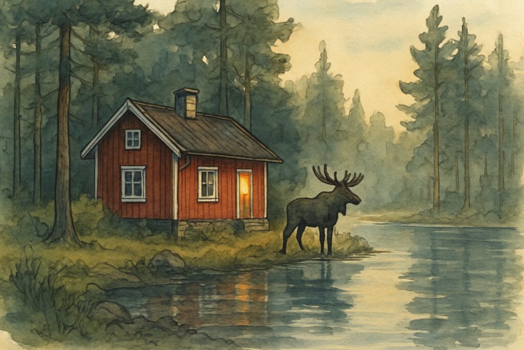 Illustration von Småland mit einer roten Holzhütte mit weißen Fensterrahmen am stillen Waldsee, einem Elch am Ufer und dem Schein einer Glasbläserei im warmen Sommerlicht