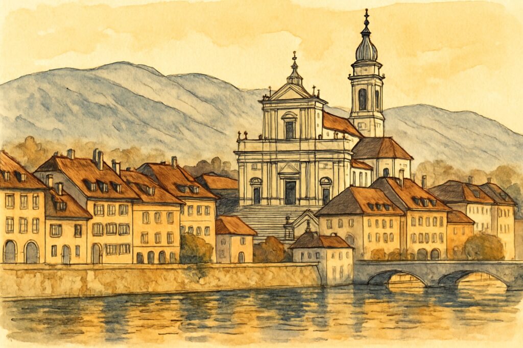 Illustration der barocken Altstadt von Solothurn an der Aare mit der St.-Ursen-Kathedrale